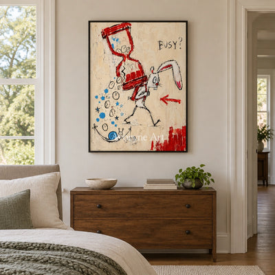 Open Dialogue graffiti figure wall art with a black frame above a bed in a bedroom