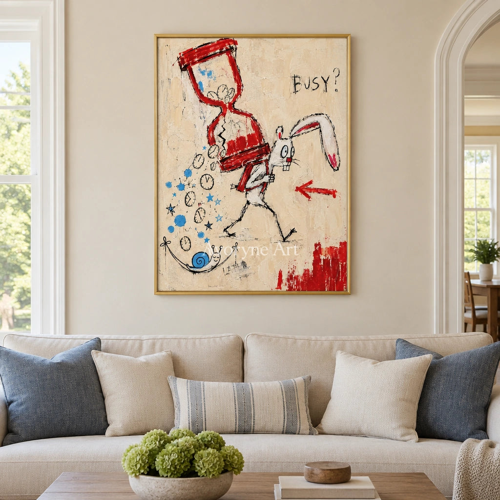 Open Dialogue graffiti figure wall art with a gold frame hanging in a living room
