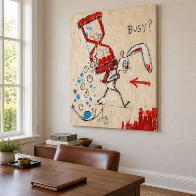 Open Dialogue graffiti figure wall art as a frameless stretched canvas in a home office