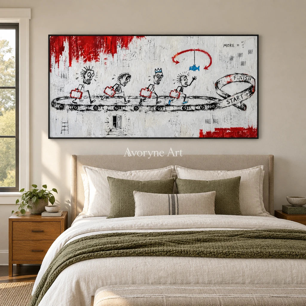 Distant Passage graffiti figure wall art with a black frame above a bed in a bedroom