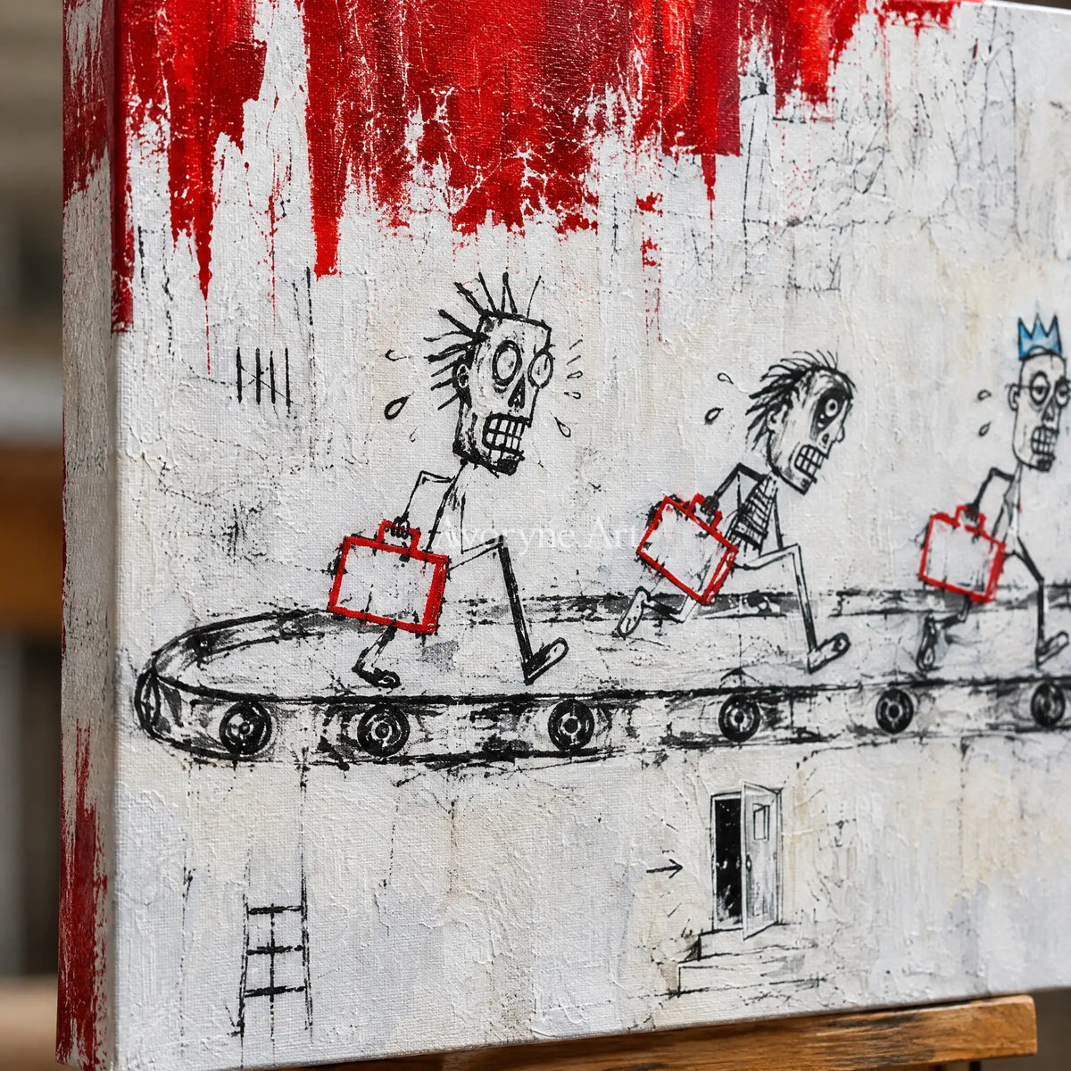 Close-up of the hand-painted texture of Distant Passage graffiti figure wall art on an easel