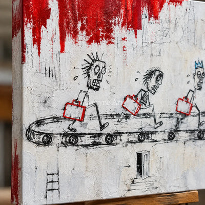Close-up of the hand-painted texture of Distant Passage graffiti figure wall art on an easel