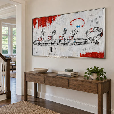 Distant Passage graffiti figure wall art with a silver frame in an entryway