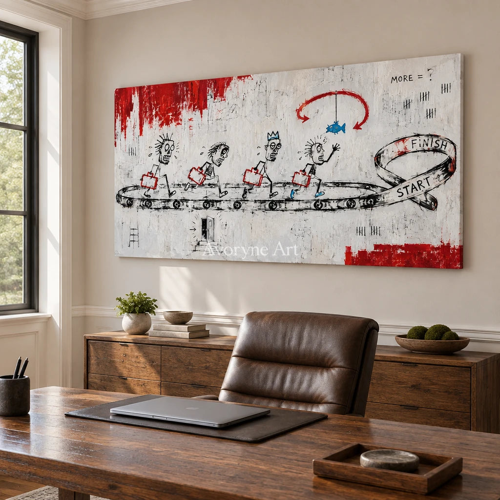 Distant Passage graffiti figure wall art as a frameless stretched canvas in a home office