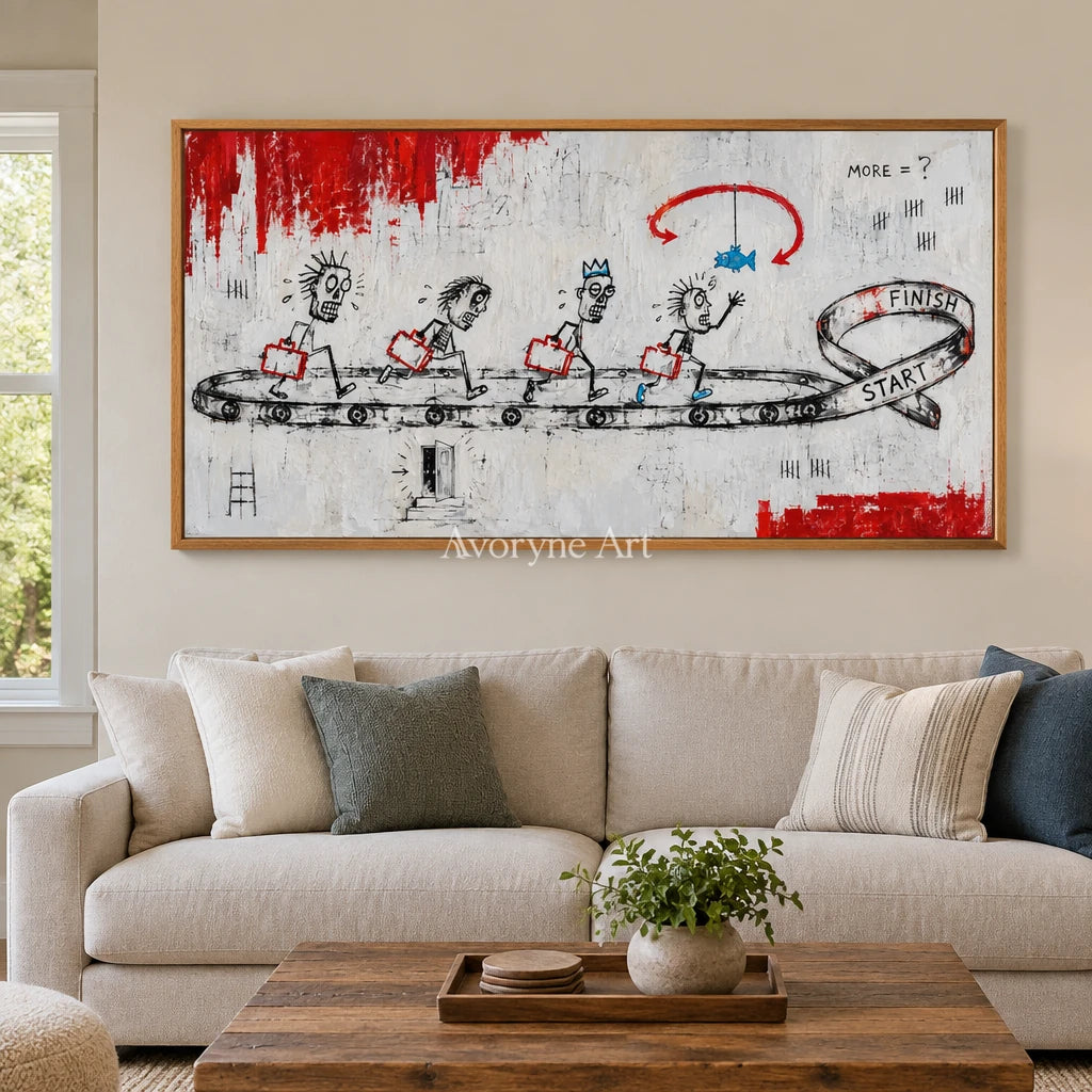 Distant Passage graffiti figure wall art with a wood frame in a villa living space