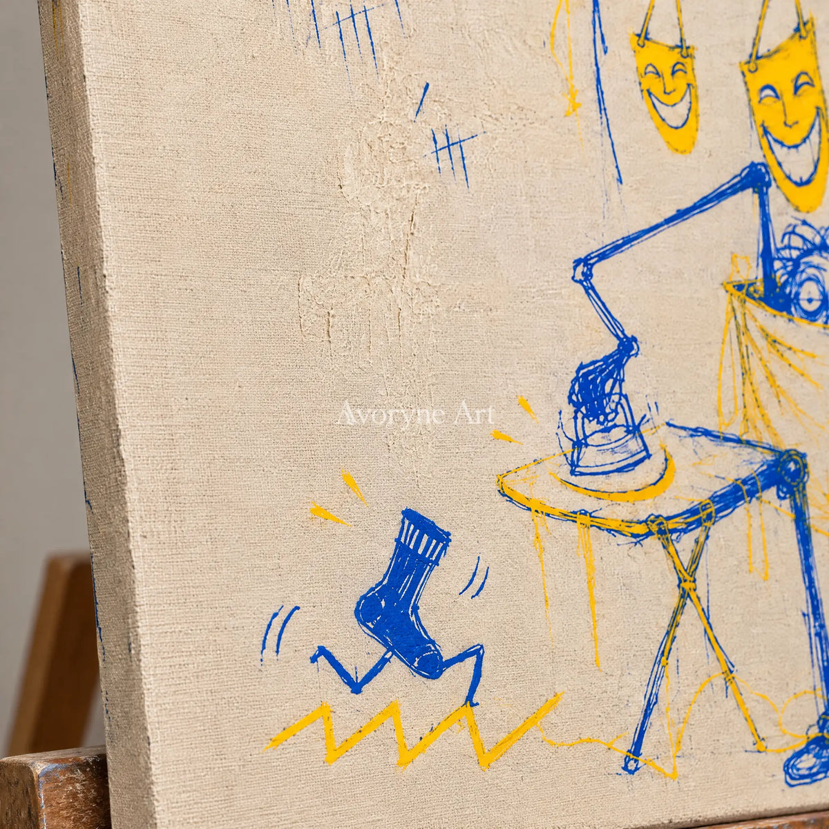Close-up of the hand-painted texture of Distant Reverie graffiti figure wall art on an easel