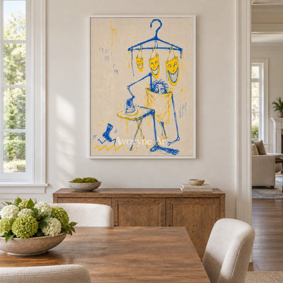 Distant Reverie graffiti figure wall art with a white frame in a dining room