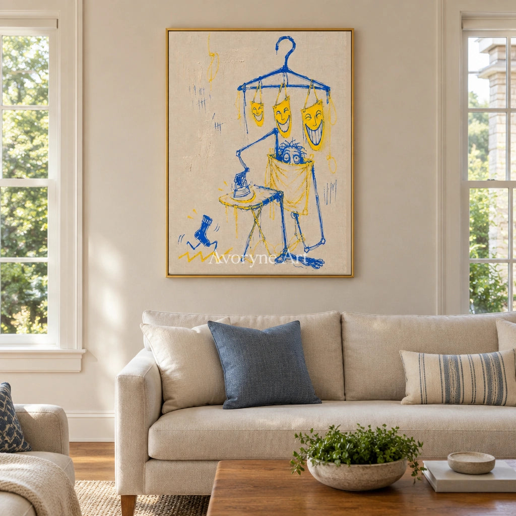 Distant Reverie graffiti figure wall art with a gold frame hanging in a living room
