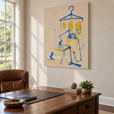 Distant Reverie graffiti figure wall art as a frameless stretched canvas in a home office