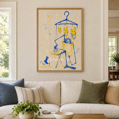 Distant Reverie graffiti figure wall art with a wood frame in a villa living space