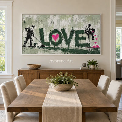 Distant Mosaic graffiti figure wall art with a white frame in a dining room