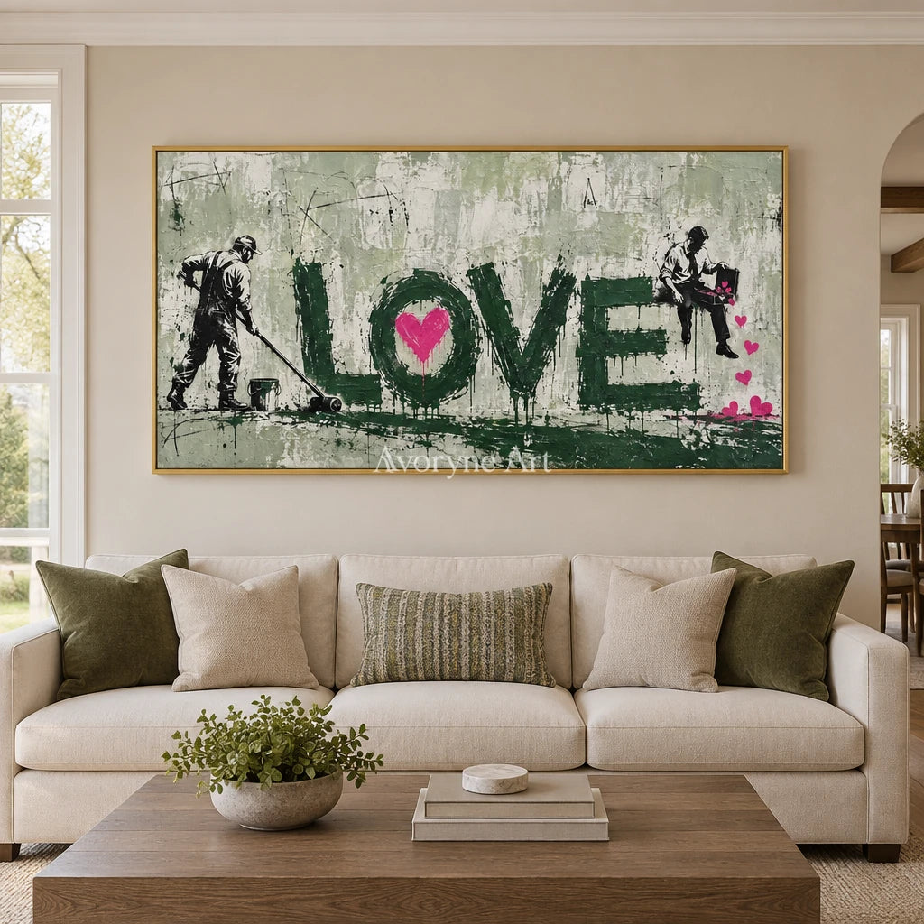 Distant Mosaic graffiti figure wall art with a gold frame hanging in a living room