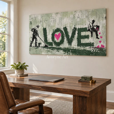 Distant Mosaic graffiti figure wall art as a frameless stretched canvas in a home office