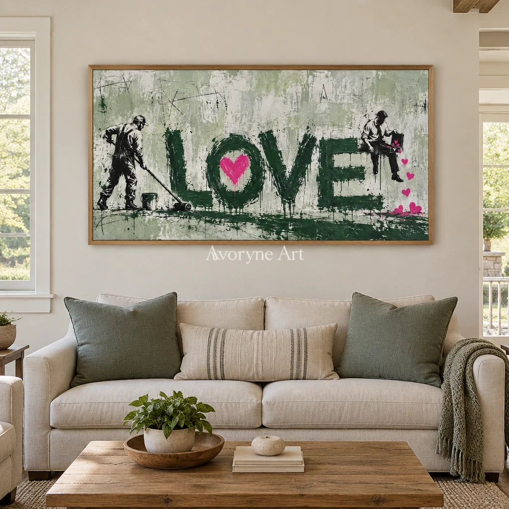 Distant Mosaic graffiti figure wall art with a wood frame in a villa living space