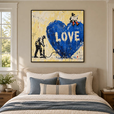 Distant Drift graffiti figure wall art with a black frame above a bed in a bedroom