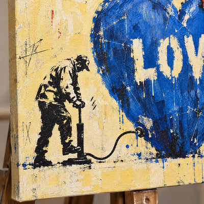 Close-up of the hand-painted texture of Distant Drift graffiti figure wall art on an easel