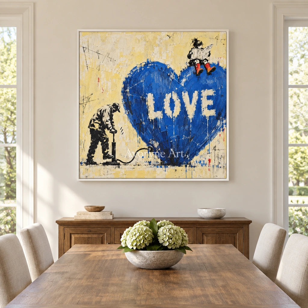 Distant Drift graffiti figure wall art with a white frame in a dining room