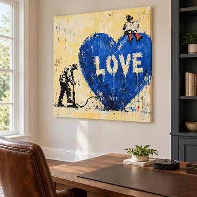 Distant Drift graffiti figure wall art as a frameless stretched canvas in a home office