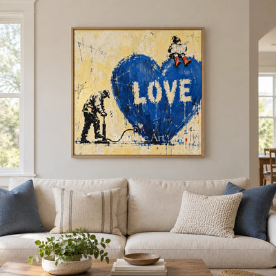 Distant Drift graffiti figure wall art with a wood frame in a villa living space
