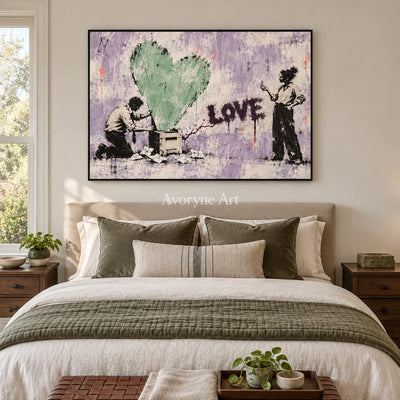 Distant Verse graffiti figure wall art with a black frame above a bed in a bedroom