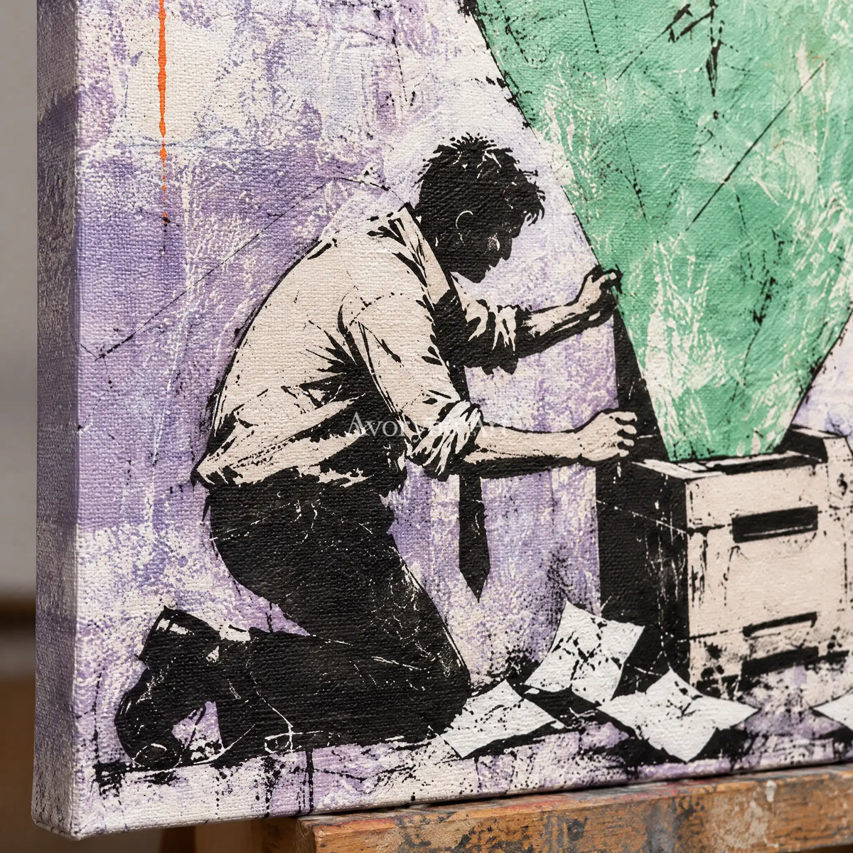 Close-up of the hand-painted texture of Distant Verse graffiti figure wall art on an easel