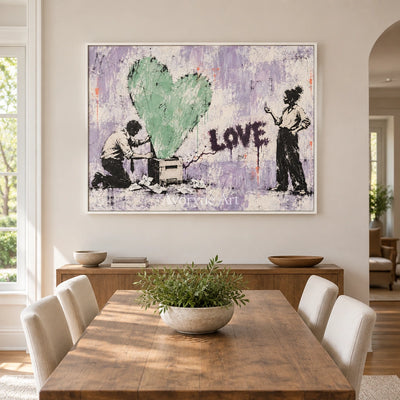 Distant Verse graffiti figure wall art with a white frame in a dining room
