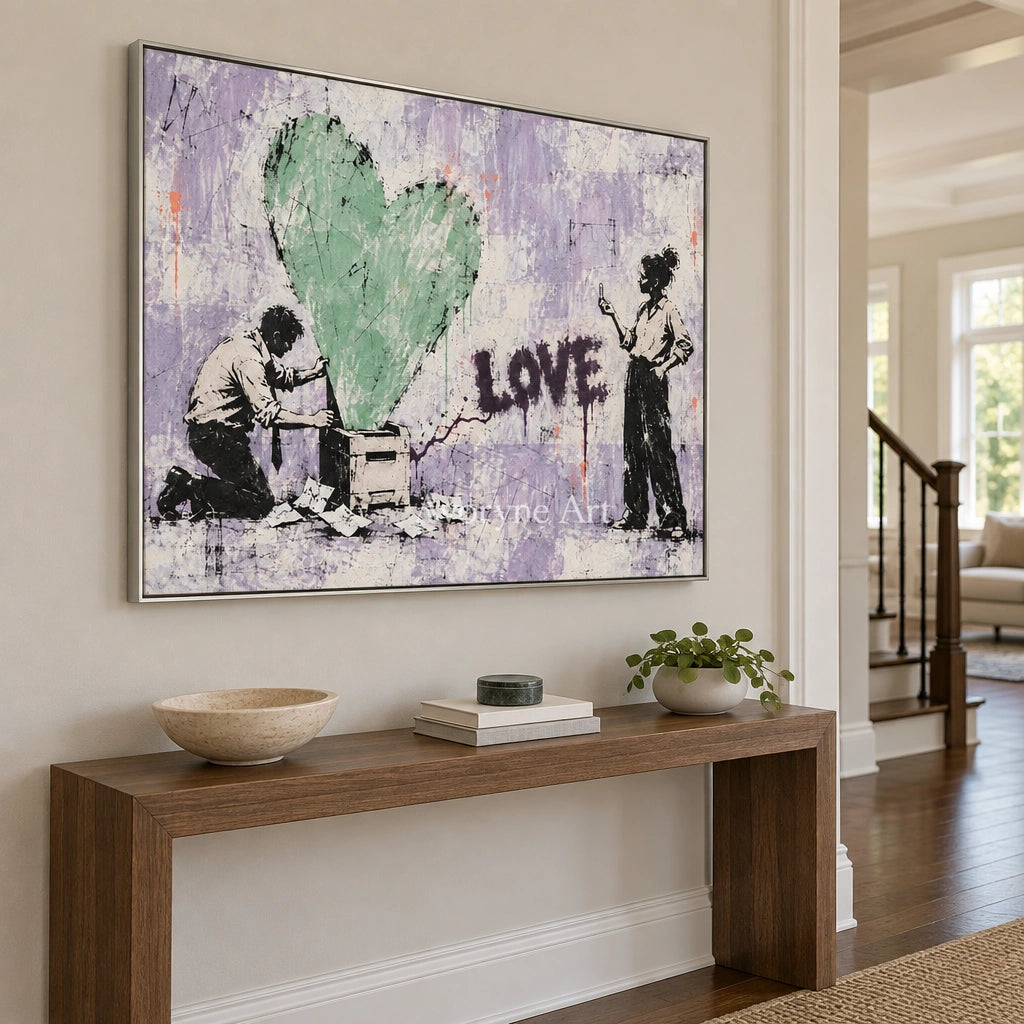 Distant Verse graffiti figure wall art with a silver frame in an entryway