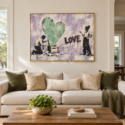 Distant Verse graffiti figure wall art with a gold frame hanging in a living room