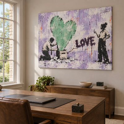Distant Verse graffiti figure wall art as a frameless stretched canvas in a home office