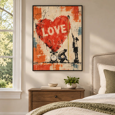Distant Memory graffiti figure wall art with a black frame above a bed in a bedroom