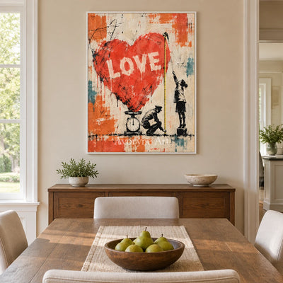 Distant Memory graffiti figure wall art with a white frame in a dining room