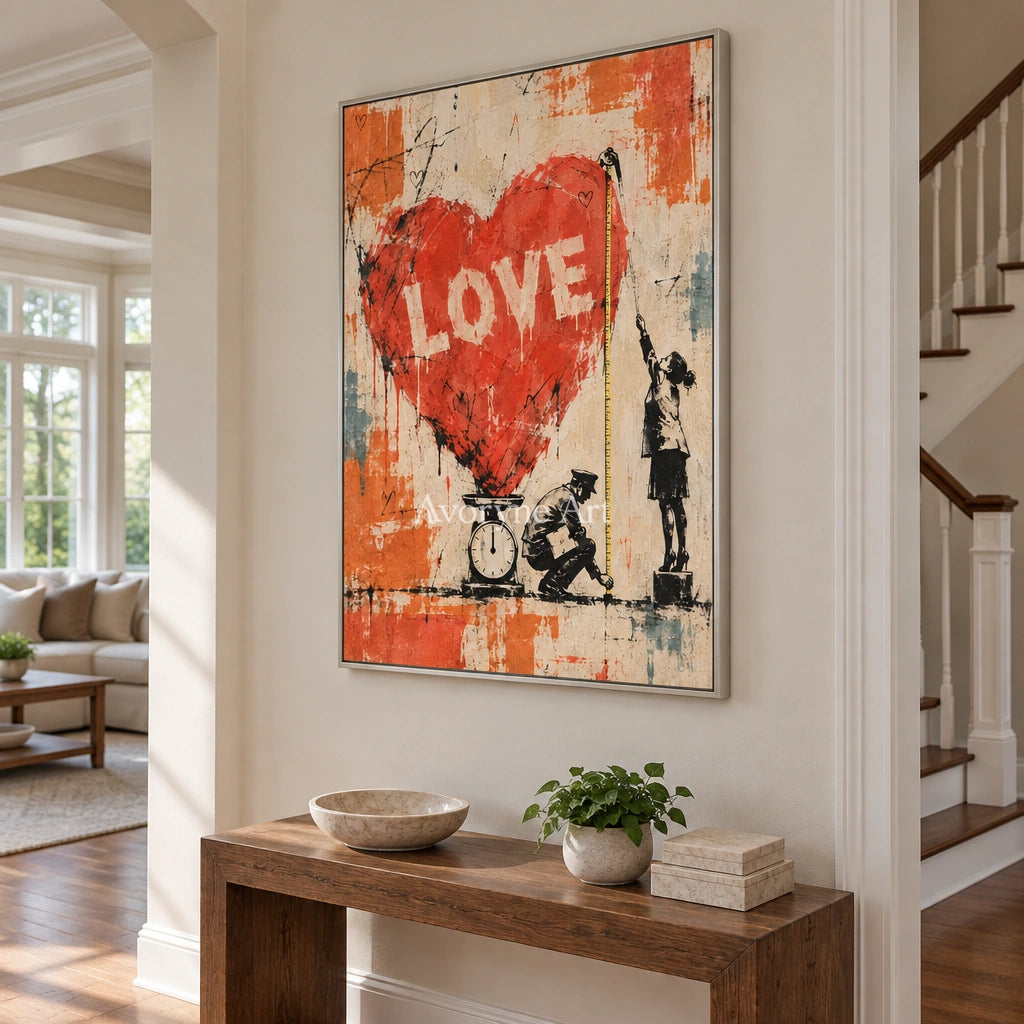 Distant Memory graffiti figure wall art with a silver frame in an entryway