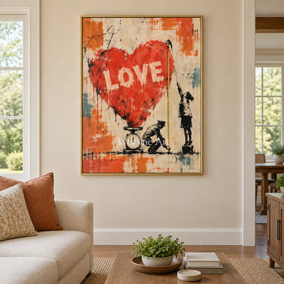 Distant Memory graffiti figure wall art with a gold frame hanging in a living room