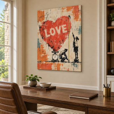 Distant Memory graffiti figure wall art as a frameless stretched canvas in a home office