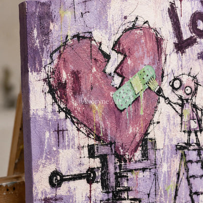 Close-up of the hand-painted texture of Distant Prelude graffiti figure wall art on an easel