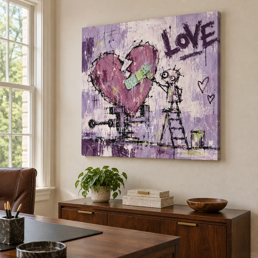 Distant Prelude graffiti figure wall art as a frameless stretched canvas in a home office