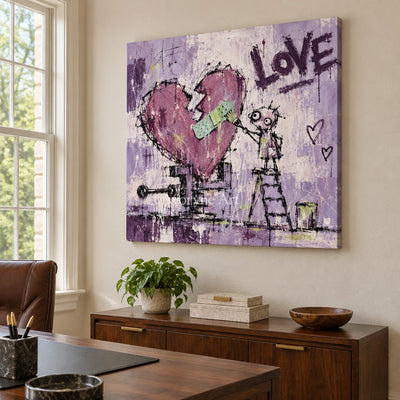 Distant Prelude graffiti figure wall art as a frameless stretched canvas in a home office