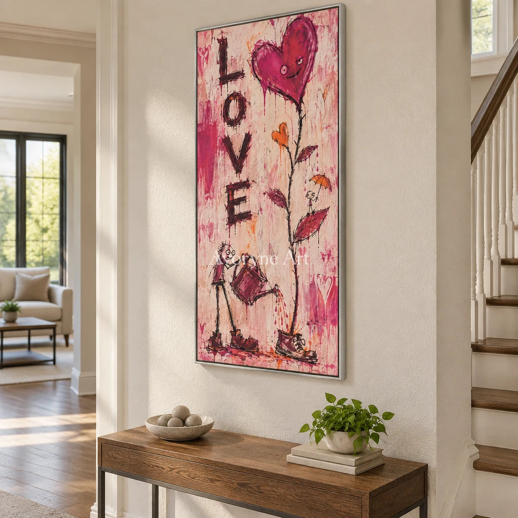 Distant Story graffiti figure wall art with a silver frame in an entryway