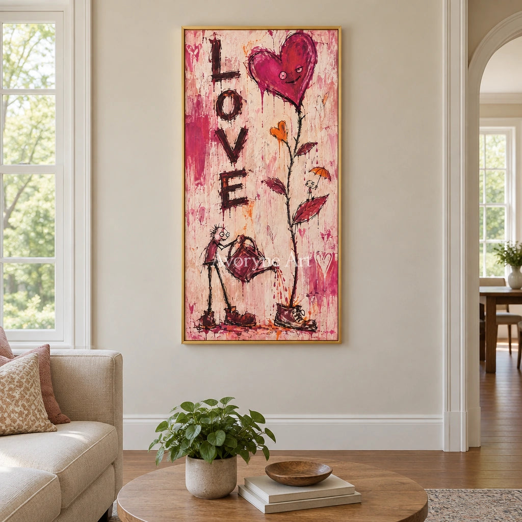 Distant Story graffiti figure wall art with a gold frame hanging in a living room