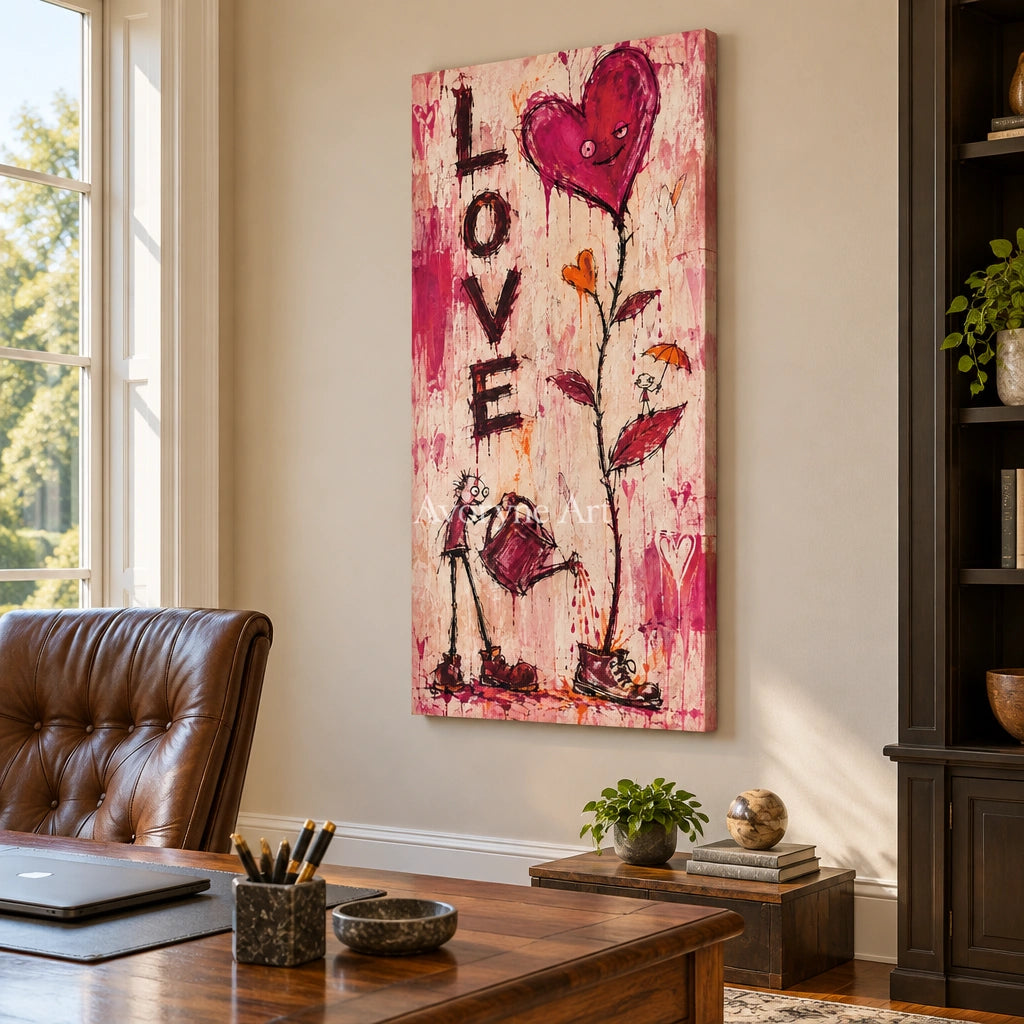 Distant Story graffiti figure wall art as a frameless stretched canvas in a home office