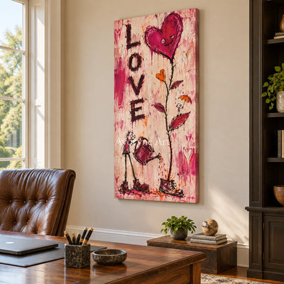 Distant Story graffiti figure wall art as a frameless stretched canvas in a home office