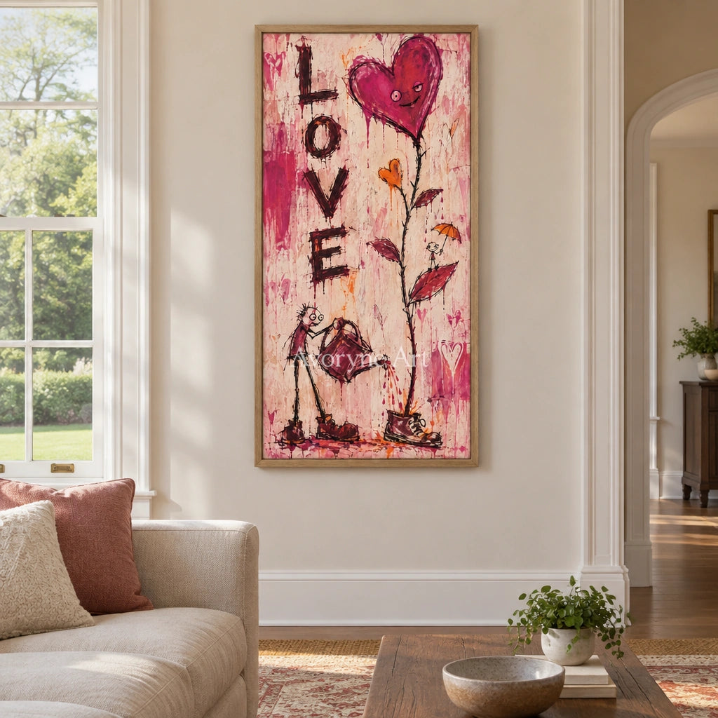 Distant Story graffiti figure wall art with a wood frame in a villa living space