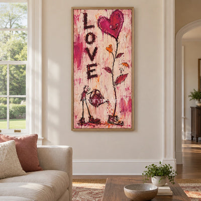 Distant Story graffiti figure wall art with a wood frame in a villa living space