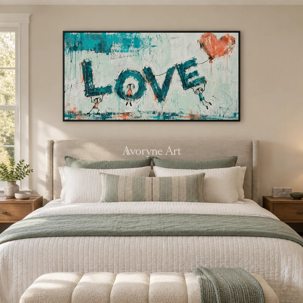 Distant Vista graffiti figure wall art with a black frame above a bed in a bedroom