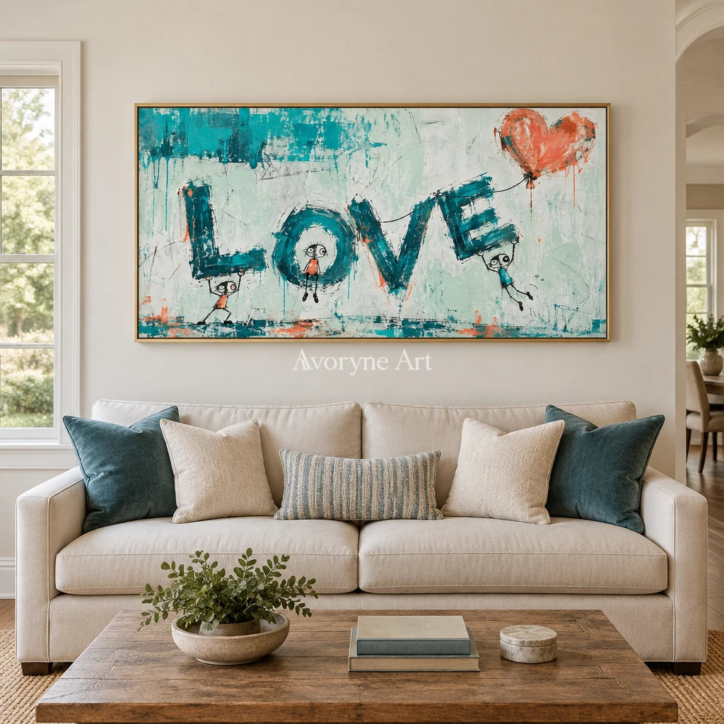 Distant Vista graffiti figure wall art with a gold frame hanging in a living room