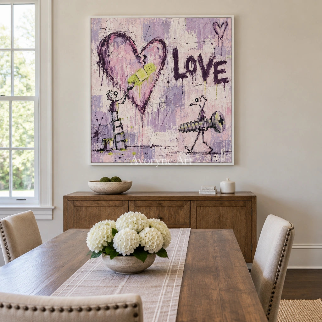 Distant Current graffiti figure wall art with a white frame in a dining room