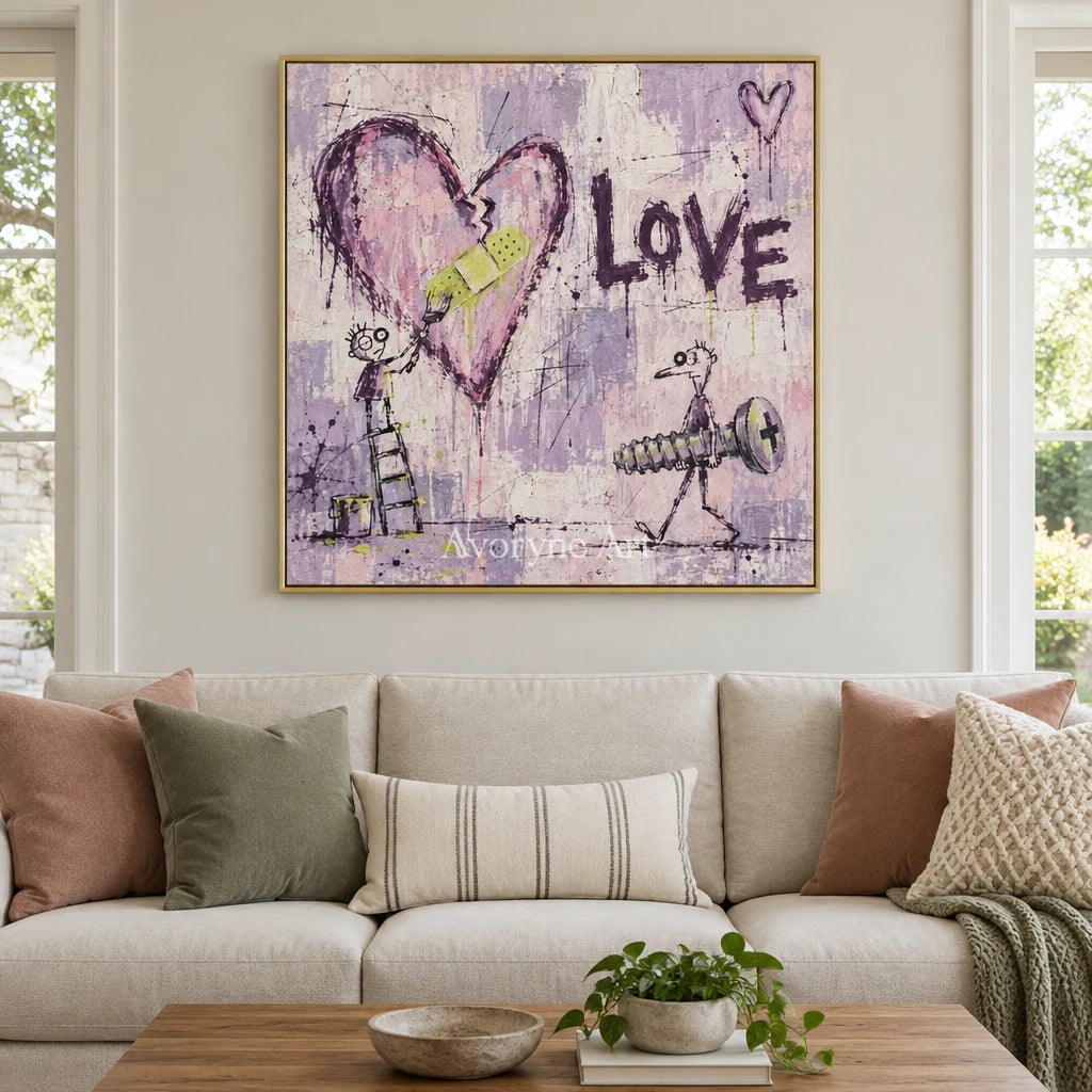 Distant Current graffiti figure wall art with a gold frame hanging in a living room