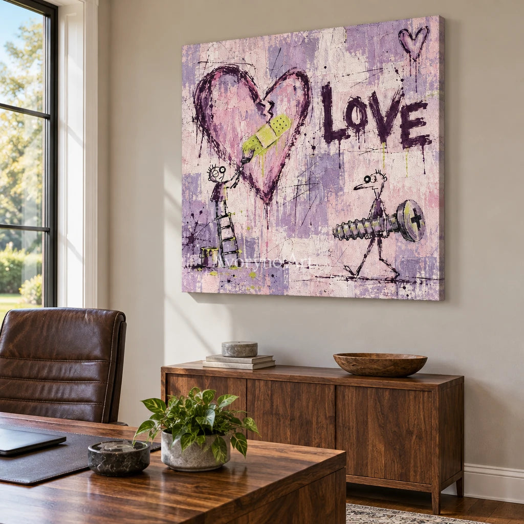 Distant Current graffiti figure wall art as a frameless stretched canvas in a home office