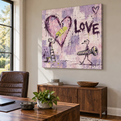 Distant Current graffiti figure wall art as a frameless stretched canvas in a home office