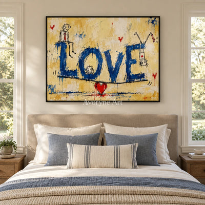 Distant Solace graffiti figure wall art with a black frame above a bed in a bedroom
